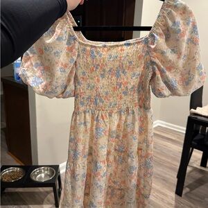 SHEIN Cream Floral Midi Dress with Puff Sleeves